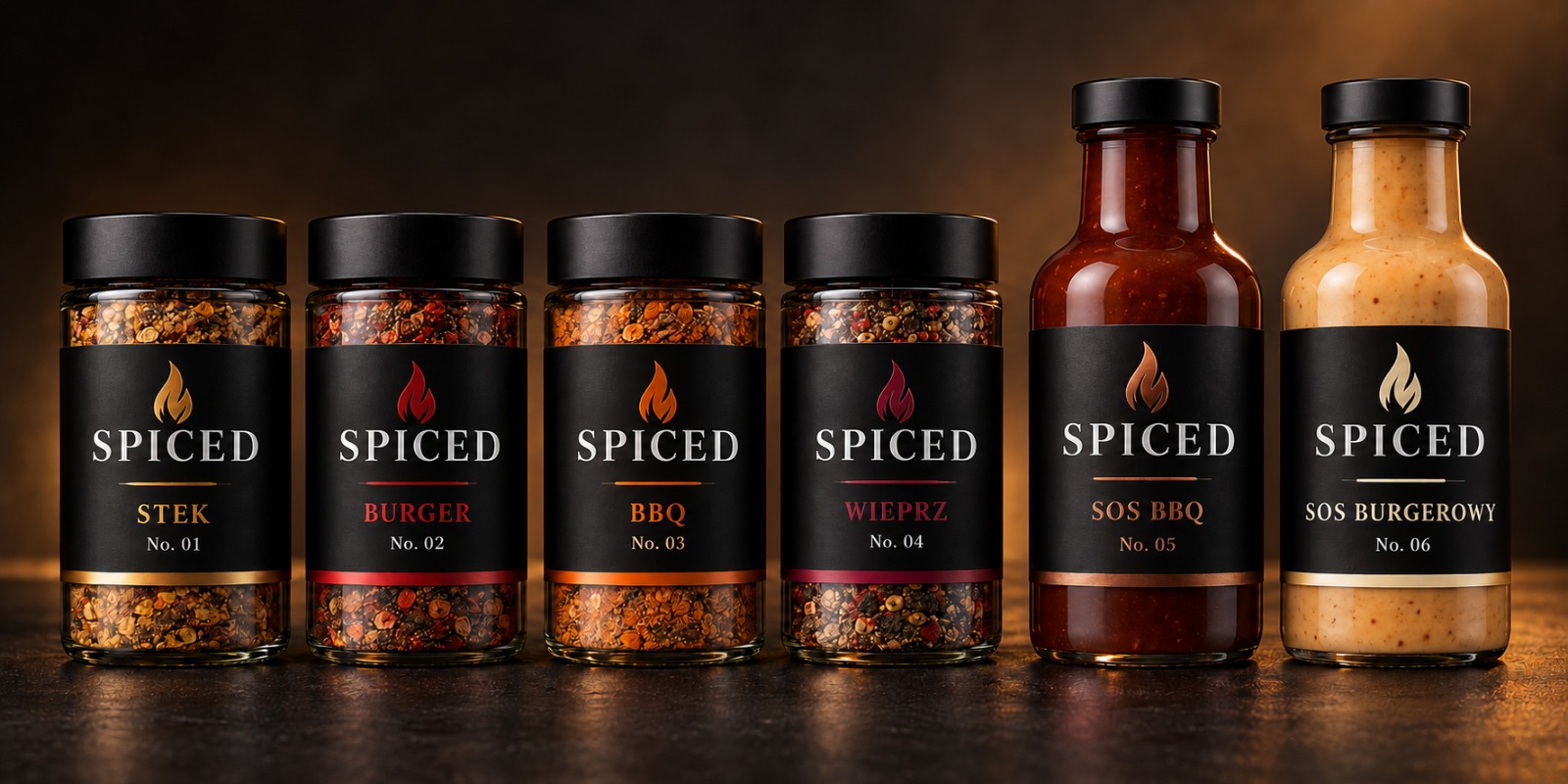 Kolekcja SPICED: przyprawy Stek, Burger, BBQ i Wieprz oraz Sos BBQ i Sos Burgerowy